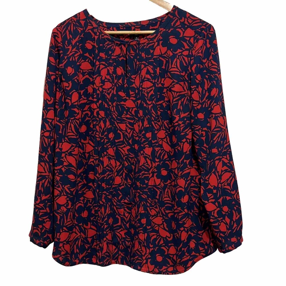 Talbots Womens Floral Pintuck Blouse X 12 14 Red Blue Career Casual Classic